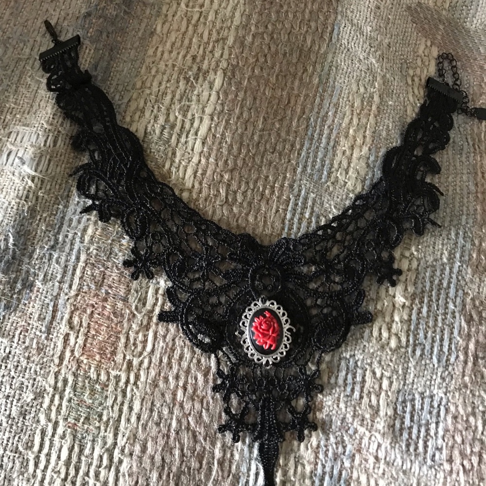 Gothic Lace Necklace with Rose Charm